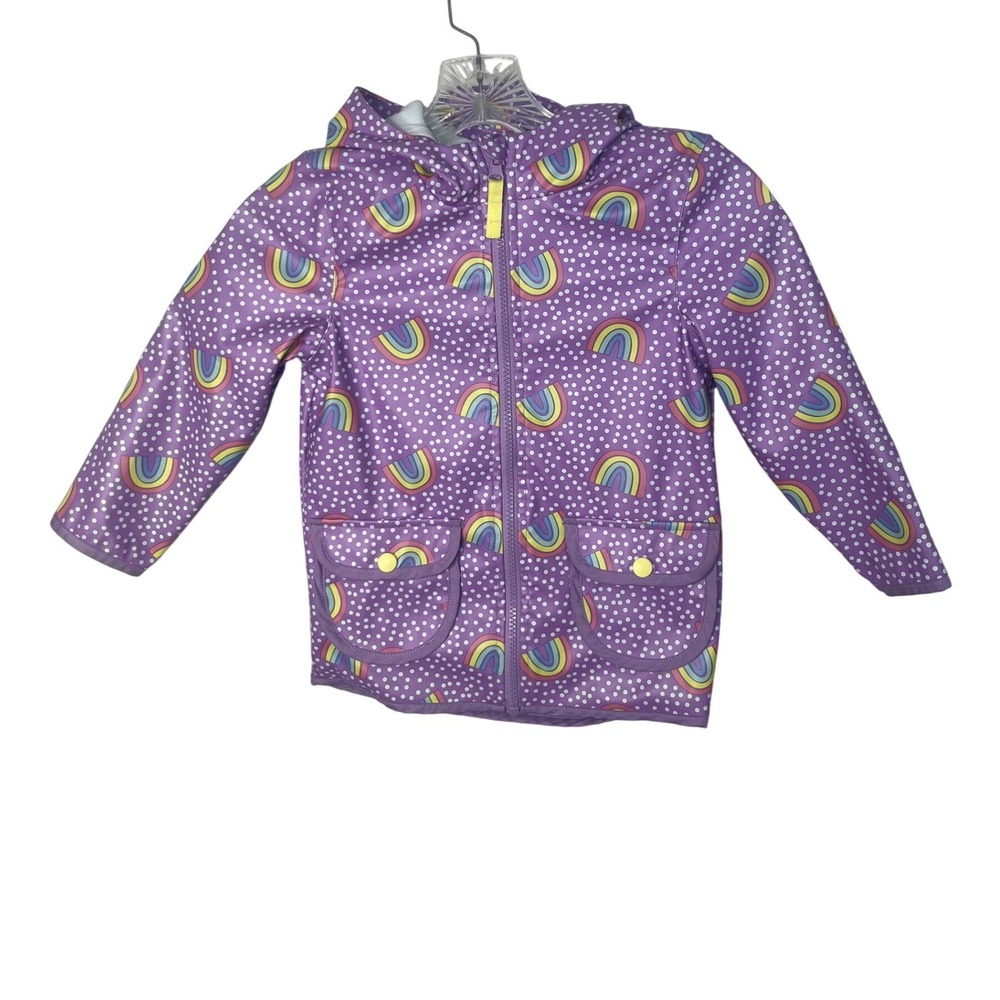 Cat & Jack Girls Purple Rainbow Polka Dot Hooded Raincoat Jacket 4T Lined